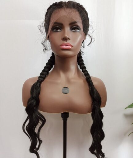 Perruque 3 Tresses cheveux noir synthétique naturelle, 24 pouces, 180% densité