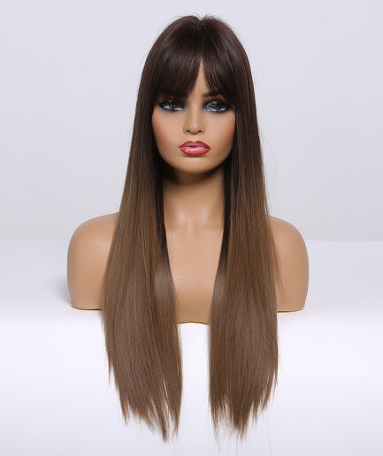 Perruque synthétique naturelle, haute qualité 24 pouces, 120% densité, long avec frange, blond/marron